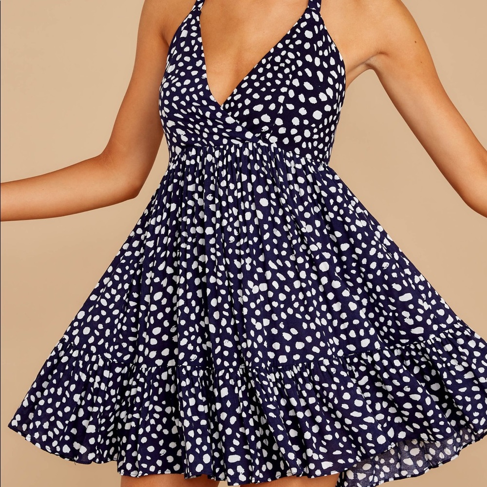 Red dress boutique navy polka dot halter dress